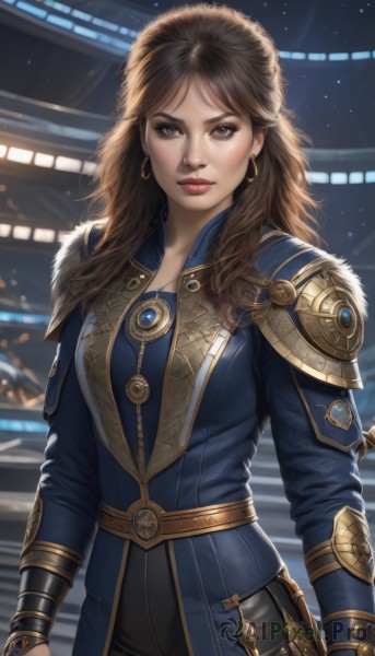 1girl,solo,long hair,breasts,looking at viewer,brown hair,long sleeves,brown eyes,jewelry,closed mouth,standing,cowboy shot,earrings,belt,pants,armor,lips,coat,fur trim,makeup,lipstick,shoulder armor,pauldrons,gold trim,hoop earrings,breastplate,realistic,nose,red lips,blue coat,bangs,upper body,weapon,artist name,necklace,parted bangs,gem,serious