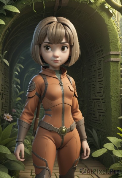 1girl,solo,breasts,looking at viewer,short hair,bangs,blonde hair,brown hair,brown eyes,closed mouth,standing,flower,cowboy shot,hairband,small breasts,belt,artist name,lips,bodysuit,bob cut,thick eyebrows,plant,white flower,zipper,science fiction,jumpsuit