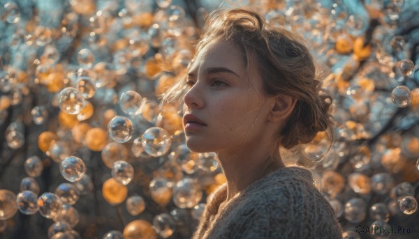 1girl, solo, short hair, brown hair, brown eyes, upper body, parted lips, blurry, from side, lips, depth of field, blurry background, looking up, freckles, bubble, realistic, nose