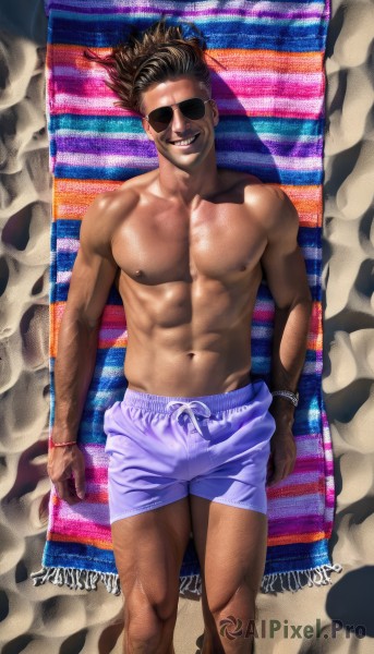 solo,looking at viewer,smile,brown hair,black hair,1boy,navel,jewelry,nipples,male focus,lying,artist name,dark skin,on back,water,grin,bracelet,muscular,feet out of frame,from above,beach,abs,sunglasses,dark-skinned male,pectorals,muscular male,topless male,realistic,sand,male swimwear,swim trunks,leg hair,dreadlocks,short hair,outdoors,shorts,teeth,facial hair,spiked hair,bara,large pectorals