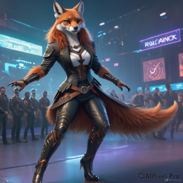 1girl,breasts,looking at viewer,smile,blue eyes,shirt,long sleeves,animal ears,cleavage,jewelry,medium breasts,standing,jacket,tail,full body,boots,multiple boys,open clothes,solo focus,belt,pants,artist name,signature,necklace,black footwear,high heels,bracelet,open jacket,coat,black jacket,fox tail,black pants,knee boots,claws,corset,furry,buckle,high heel boots,belt buckle,furry female,leather,badge,crowd,fewer digits,orange fur,leather boots,long hair,orange hair,armor,aqua eyes,fur trim,6+boys,fur collar,holographic interface