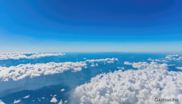 monochrome,outdoors,sky,day,cloud,blue sky,no humans,bird,ocean,cloudy sky,scenery,flying,blue theme,mountain,horizon,landscape,above clouds,water,nature,island