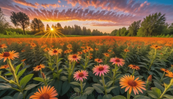 flower, outdoors, sky, cloud, tree, no humans, cloudy sky, grass, nature, scenery, forest, sunset, sun, field, flower field