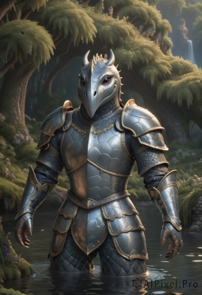 1girl,solo,looking at viewer,red eyes,standing,cowboy shot,outdoors,horns,water,armor,tree,mask,helmet,shoulder armor,gauntlets,nature,1other,wading,forest,pauldrons,breastplate,fake horns,faulds,knight,full armor,waterfall,ambiguous gender,helm,chainmail,plate armor,1boy,male focus,solo focus,fantasy