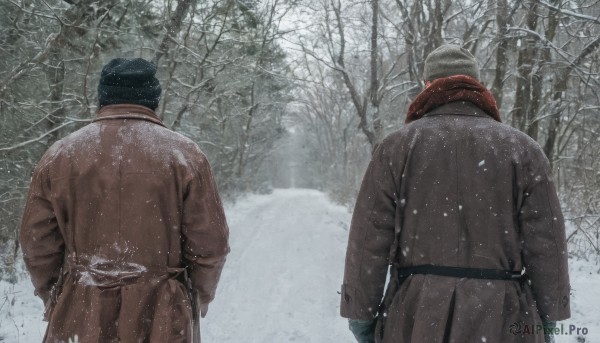 black hair,gloves,long sleeves,hat,standing,weapon,male focus,outdoors,multiple boys,black gloves,2boys,from behind,scarf,tree,coat,gun,military,nature,snow,forest,red scarf,military hat,snowing,hands in pockets,winter clothes,facing away,winter,brown coat,bare tree,short hair,japanese clothes,scenery,beanie,brothers