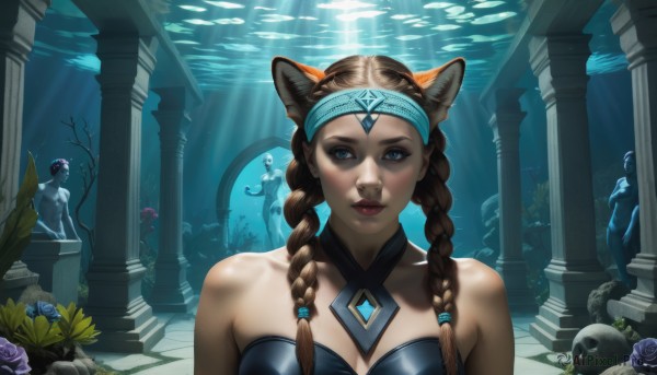 1girl,solo,long hair,breasts,looking at viewer,blue eyes,brown hair,animal ears,cleavage,bare shoulders,jewelry,medium breasts,upper body,braid,flower,cat ears,water,twin braids,lips,strapless,makeup,headband,rose,sunlight,lipstick,hair over shoulder,fish,blue flower,skull,circlet,light rays,underwater,nose,sunbeam,pillar,statue,purple rose,coral,column,closed mouth,freckles,stairs,realistic,purple flower,blue rose