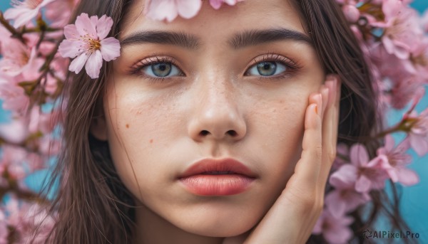 1girl, solo, long hair, looking at viewer, blue eyes, brown hair, hair ornament, flower, parted lips, teeth, hair flower, blurry, lips, cherry blossoms, portrait, close-up, hand on own face, freckles, realistic, nose