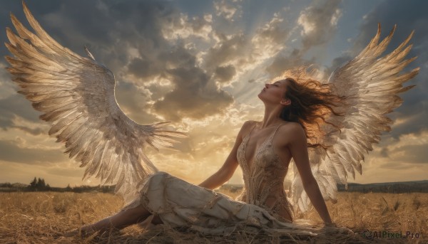 1girl,solo,long hair,breasts,brown hair,black hair,dress,cleavage,bare shoulders,jewelry,medium breasts,sitting,collarbone,closed eyes,earrings,outdoors,wings,sky,barefoot,cloud,dark skin,white dress,dark-skinned female,lips,arm support,cloudy sky,grass,looking up,scenery,feathered wings,sunset,angel wings,hoop earrings,white wings,angel,spaghetti strap,field,on ground,bare arms,floating hair,wind