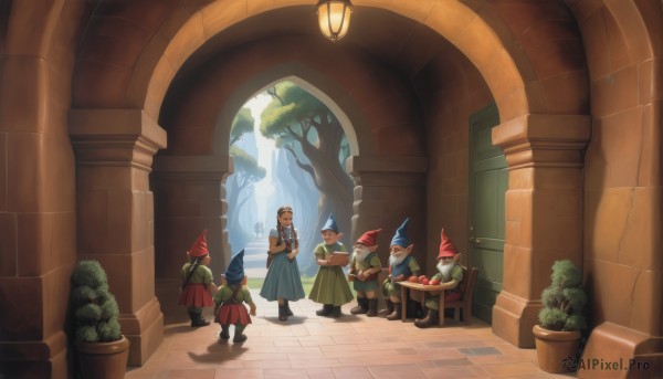 1girl,long hair,multiple girls,blonde hair,brown hair,hat,dress,sitting,standing,braid,boots,outdoors,food,multiple boys,hood,cape,tree,cup,facial hair,chair,crossed arms,table,helmet,plant,scenery,beard,6+boys,robe,fantasy,potted plant,gloves,holding,weapon,red hair,pointy ears,indoors,book,fruit,shadow,sunlight,3boys,staff,walking,4boys,apple,lamp,5boys,pillar,baggy pants,wizard hat,arch,turban,column