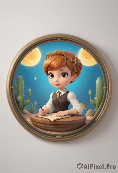 1girl,solo,looking at viewer,smile,short hair,bangs,brown hair,shirt,long sleeves,holding,brown eyes,closed mouth,white shirt,upper body,necktie,sky,collared shirt,vest,lips,book,window,night,moon,plant,star (sky),night sky,full moon,starry sky,black vest,open book,pen,pencil,writing,wheat,1boy,male focus,artist name,sparkle,leaf,freckles,bamboo