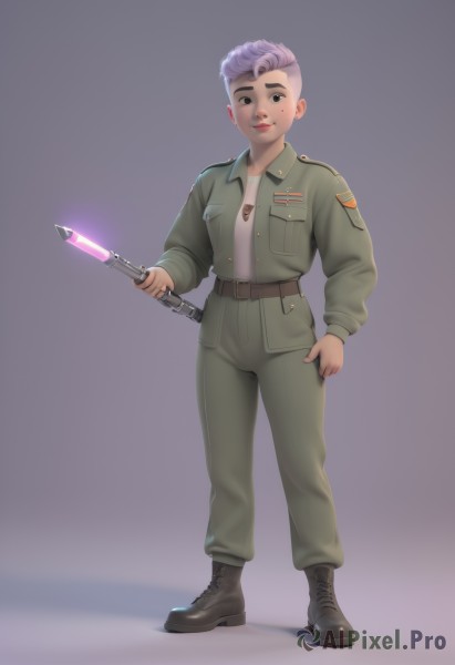 1girl,solo,looking at viewer,smile,short hair,simple background,shirt,long sleeves,holding,closed mouth,standing,jacket,full body,weapon,purple hair,multicolored hair,boots,open clothes,belt,pants,sword,dark skin,black footwear,holding weapon,mole,uniform,black eyes,open jacket,lips,military,mole under eye,military uniform,shadow,purple background,green jacket,grey jacket,undercut,green pants,energy sword,combat boots,lightsaber,1boy,male focus,grey background,glowing,brown footwear,science fiction,pocket,black belt,hand in pocket,brown belt,breast pocket,very short hair,medal,mohawk,patch,mole above mouth