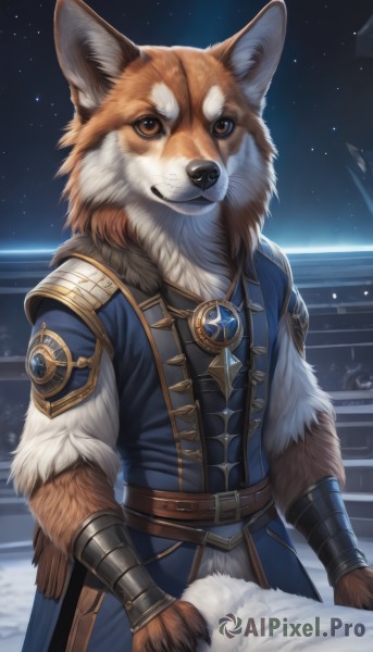 solo,looking at viewer,1boy,brown eyes,jewelry,standing,short sleeves,male focus,cowboy shot,outdoors,sky,belt,night,animal,brooch,gem,star (sky),night sky,furry,pendant,starry sky,dog,vambraces,space,bracer,furry male,body fur,white fur,brown fur,fluffy,weapon,teeth,no humans,blue jacket,sheath,brown belt,planet,wolf