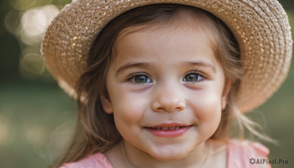 1girl,solo,long hair,looking at viewer,smile,open mouth,blue eyes,brown hair,hat,parted lips,teeth,blurry,lips,grey eyes,depth of field,blurry background,portrait,lens flare,realistic,straw hat,bokeh,brown eyes,green eyes,eyelashes,sun hat