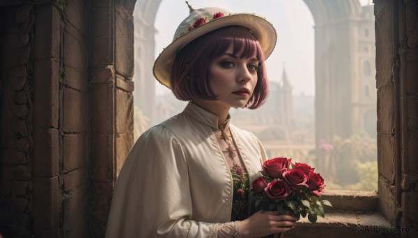 1girl,solo,looking at viewer,short hair,bangs,brown hair,long sleeves,hat,dress,holding,brown eyes,jewelry,closed mouth,upper body,purple hair,flower,outdoors,day,necklace,blurry,black eyes,lips,rose,bob cut,white jacket,cross,red flower,building,sun hat,red rose,bouquet,realistic,nose,hat flower,arch,blue eyes,makeup,scenery