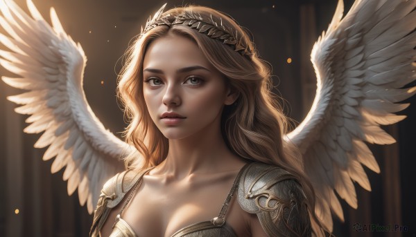 1girl,solo,long hair,breasts,looking at viewer,blue eyes,blonde hair,cleavage,medium breasts,closed mouth,collarbone,upper body,wings,armor,blurry,lips,grey eyes,blurry background,wavy hair,shoulder armor,feathered wings,pauldrons,angel wings,realistic,nose,white wings,angel,head wreath,brown hair,sunlight,portrait,backlighting,light,laurel crown