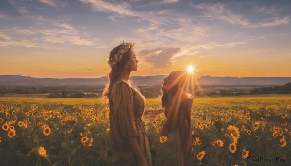 1girl,solo,long hair,dress,standing,closed eyes,braid,flower,outdoors,sky,cloud,white dress,from side,profile,sunlight,cloudy sky,looking up,veil,scenery,sunset,mountain,yellow flower,sun,sunflower,head wreath,field,flower field,mountainous horizon,brown hair