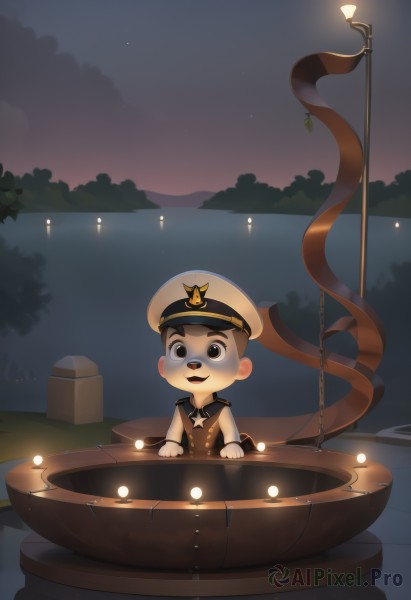 solo,looking at viewer,smile,short hair,open mouth,black hair,1boy,hat,brown eyes,male focus,outdoors,sky,water,chibi,uniform,black eyes,tree,military,military uniform,night,parody,star (sky),night sky,peaked cap,military hat,lamp,watercraft,lamppost,sailor,boat,blush,brown hair,shirt,:d,teeth,striped,signature,sailor collar,star (symbol),starry sky,lighthouse