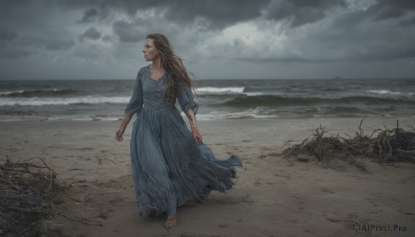 1girl,solo,long hair,open mouth,brown hair,dress,outdoors,sky,barefoot,cloud,water,torn clothes,blue dress,ocean,beach,cloudy sky,walking,sand,dirty,torn dress,grey sky,fine art parody,dirty feet,standing,scenery,realistic,horizon,waves,shore