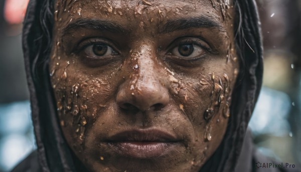 solo,looking at viewer,black hair,1boy,brown eyes,closed mouth,male focus,parted lips,dark skin,hood,blurry,lips,wet,depth of field,blurry background,dark-skinned male,thick eyebrows,portrait,close-up,hood up,realistic,dirty,teeth,facial hair,rain