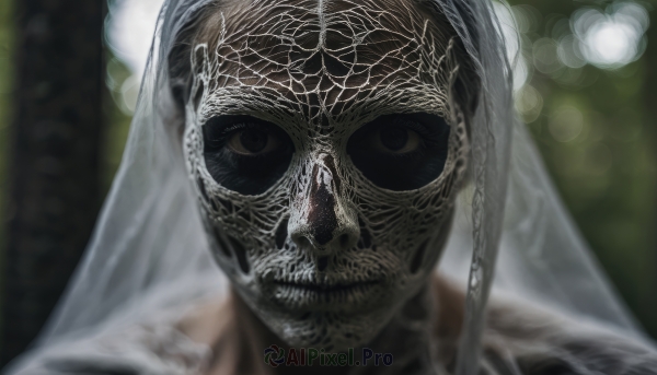 solo,looking at viewer,1boy,male focus,blurry,black eyes,mask,depth of field,blurry background,portrait,veil,close-up,skull,realistic,bridal veil,straight-on,silk,spider web,horror (theme),1girl