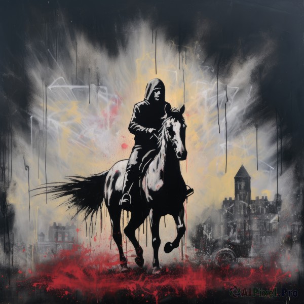 solo,1boy,holding,weapon,male focus,hood,blood,building,1other,hood up,city,riding,horse,horseback riding,monochrome,pants,cloak,hooded cloak,ambiguous gender