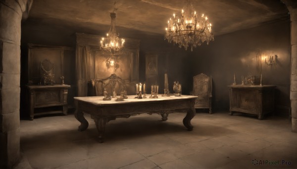 HQ,sitting,indoors,no humans,chair,table,scenery,stairs,door,light,lamp,candle,statue,candlestand,chandelier,candlelight,tile floor,pillar