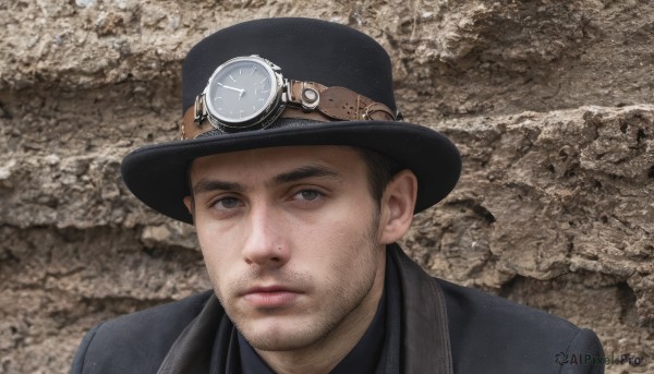 solo,looking at viewer,short hair,shirt,black hair,1boy,hat,closed mouth,jacket,upper body,male focus,black eyes,lips,black jacket,black shirt,black headwear,facial hair,goggles,portrait,beard,sideburns,realistic,mustache,stubble,photo background,goggles on headwear,brown eyes,outdoors,expressionless,thick eyebrows,watch,rock,mature male,nose,brown headwear,wristwatch