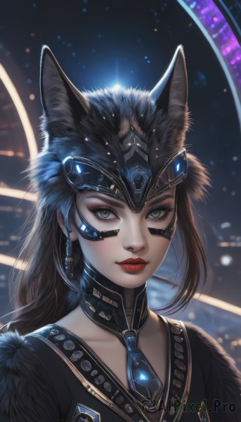 1girl,solo,long hair,looking at viewer,brown hair,black hair,animal ears,jewelry,closed mouth,green eyes,collarbone,upper body,earrings,parted lips,necktie,artist name,signature,blurry,lips,fur trim,eyelashes,makeup,headgear,lipstick,portrait,nose,red lips,facial mark,helmet,gem,realistic,facepaint,fur