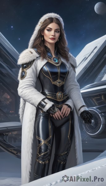 1girl,solo,long hair,breasts,looking at viewer,brown hair,gloves,brown eyes,jewelry,standing,earrings,outdoors,sky,black gloves,belt,pants,hood,fingerless gloves,armor,lips,coat,fur trim,bodysuit,makeup,night,moon,lipstick,ground vehicle,star (sky),snow,hood up,starry sky,snowing,black bodysuit,white coat,winter clothes,red lips,space,leather,winter,fur-trimmed hood,long sleeves,medium breasts,gem,night sky,cloak,science fiction,realistic,nose,planet,spacecraft