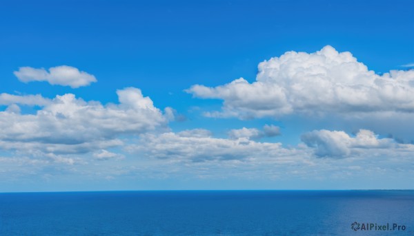 monochrome,outdoors,sky,day,cloud,signature,water,blue sky,no humans,ocean,beach,cloudy sky,scenery,blue theme,horizon