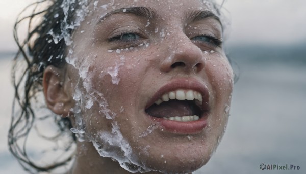 1girl,solo,open mouth,blue eyes,black hair,teeth,tongue,water,mole,blurry,lips,wet,depth of field,blurry background,upper teeth only,portrait,realistic,nose,looking at viewer,grey eyes,eyelashes,half-closed eyes,close-up,freckles