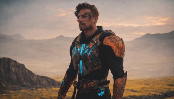 solo,short hair,brown hair,black hair,1boy,upper body,male focus,outdoors,sky,belt,cloud,armor,facial hair,scar,shoulder armor,beard,mountain,mustache,field,mountainous horizon,looking at viewer,gloves,closed mouth,standing,dark skin,black eyes,glowing,cloudy sky,bug,gauntlets,pauldrons,sunset,breastplate,chainmail