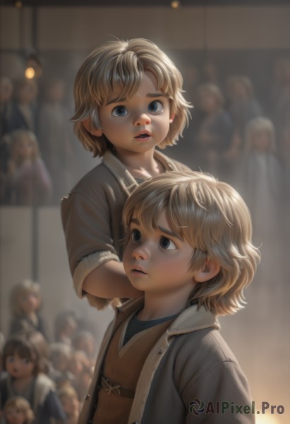 1girl,looking at viewer,short hair,open mouth,blue eyes,multiple girls,blonde hair,shirt,1boy,jacket,upper body,parted lips,multiple boys,teeth,indoors,blurry,lips,depth of field,blurry background,child,carrying,realistic,female child,male child,crowd,brown hair,siblings,6+girls,brother and sister