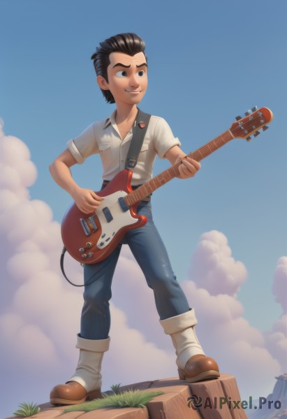 solo,smile,shirt,black hair,1boy,full body,white shirt,short sleeves,male focus,boots,outdoors,sky,shoes,day,socks,pants,cloud,black eyes,blue sky,grass,denim,instrument,jeans,music,guitar,playing instrument,standing