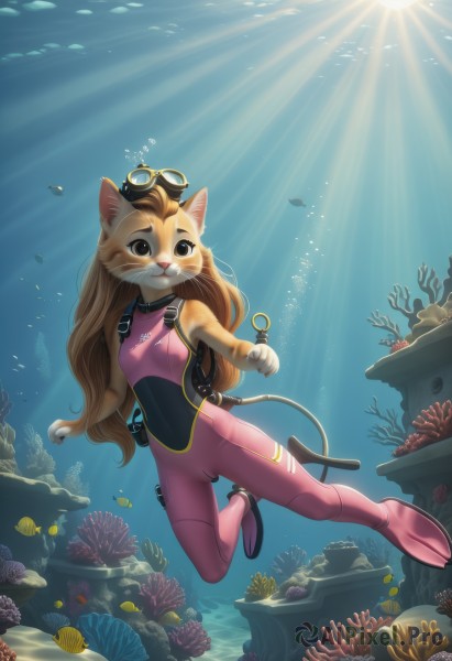 1girl,solo,long hair,breasts,looking at viewer,smile,open mouth,brown hair,animal ears,brown eyes,very long hair,tail,swimsuit,full body,small breasts,outdoors,cat ears,black eyes,cat tail,bodysuit,:3,ocean,animal,sunlight,cat,cat girl,goggles,skin tight,furry,fish,bubble,goggles on head,light rays,underwater,furry female,sun,air bubble,animal nose,whiskers,swimming,diving mask,coral,pawpads,snorkel,diving mask on head,wetsuit,seaweed,diving,water,pink bodysuit,freediving