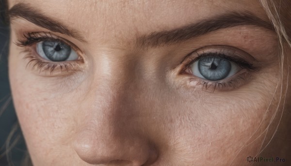 1girl,solo,looking at viewer,blue eyes,black hair,1boy,closed mouth,male focus,lips,grey eyes,eyelashes,portrait,close-up,realistic,eye focus,brown hair,freckles,nose