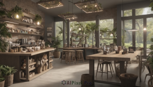 day,indoors,tree,cup,no humans,window,chair,table,sunlight,bottle,plant,scenery,drinking glass,basket,potted plant,lamp,stool,shelf,wine bottle,jar,bar (place),counter,ceiling light,cafe,chandelier,plate,wooden floor,ceiling