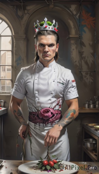 solo,looking at viewer,black hair,1boy,hat,closed mouth,standing,short sleeves,male focus,food,indoors,black eyes,apron,window,tattoo,buttons,crown,plate,realistic,tomato,chef hat,chef,brown hair,jewelry,hand on hip,sash,fruit,table,knife,veins