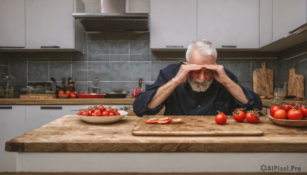 solo,short hair,shirt,long sleeves,1boy,upper body,white hair,grey hair,male focus,food,striped,collared shirt,indoors,bag,hands up,black shirt,fruit,facial hair,own hands together,bottle,blue shirt,knife,facing viewer,beard,sleeves rolled up,realistic,basket,old,old man,kitchen,photo background,tomato,vegetable,sink,lettuce,wrinkled skin,cutting board,onion,scar,table,plate,rain,bowl,frying pan,stove,kitchen knife