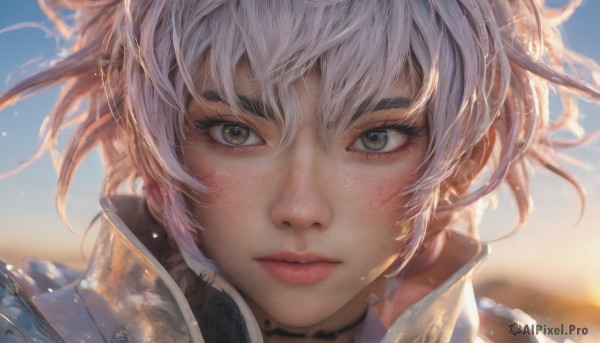 1girl,solo,looking at viewer,short hair,bangs,hair between eyes,brown eyes,closed mouth,white hair,grey hair,outdoors,sky,day,artist name,blurry,blue sky,lips,grey eyes,eyelashes,depth of field,blurry background,wind,messy hair,portrait,close-up,freckles,realistic,nose,choker,floating hair,watermark,expressionless,sunlight,light particles,backlighting