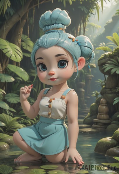 1girl,solo,looking at viewer,short hair,blue eyes,skirt,shirt,hair ornament,holding,bare shoulders,jewelry,sitting,closed mouth,blue hair,full body,white shirt,earrings,outdoors,barefoot,sleeveless,day,hairclip,water,hair bun,tree,lips,blue skirt,bare arms,aqua hair,makeup,leaf,sunlight,single hair bun,thick eyebrows,suspenders,aged down,plant,lipstick,child,nature,forest,reflection,light rays,suspender skirt,red lips,female child,stud earrings,overalls,lily pad,pond,smile,collarbone,nail polish,aqua eyes,squatting,toenails,high-waist skirt,rock