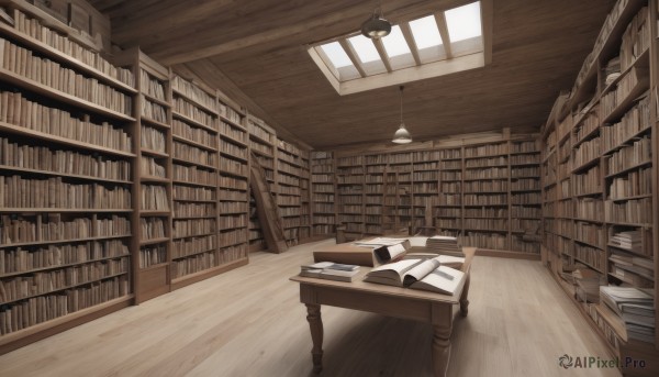 indoors,book,no humans,window,chair,table,sunlight,scenery,wooden floor,open book,bookshelf,lamp,shelf,book stack,library,ceiling,ladder,desk,light,ceiling light,voile