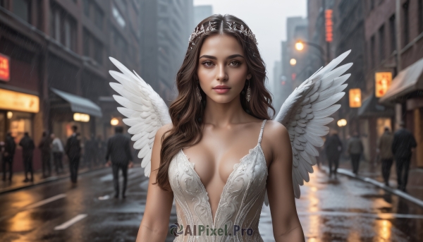 1girl,long hair,breasts,looking at viewer,brown hair,black hair,dress,cleavage,bare shoulders,brown eyes,jewelry,medium breasts,collarbone,upper body,hairband,earrings,outdoors,parted lips,multiple boys,wings,sleeveless,solo focus,white dress,blurry,lips,depth of field,blurry background,tiara,building,breasts apart,feathered wings,rain,angel wings,city,realistic,nose,center opening,white wings,angel,road,street,crowd,plunging neckline,solo,day,scar,walking,people