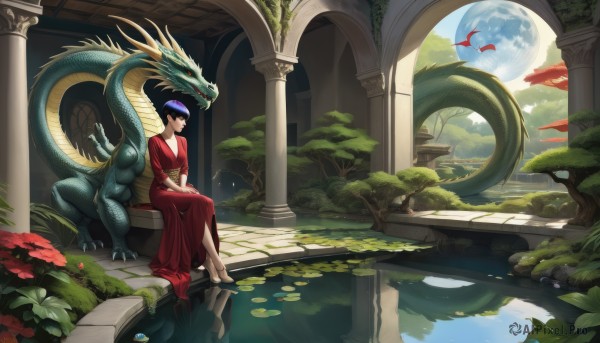 A glimpse of a dragon in a lush scenery
