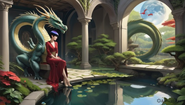 1girl,solo,breasts,short hair,black hair,dress,cleavage,jewelry,sitting,flower,sky,barefoot,water,tree,headband,moon,red dress,plant,nature,scenery,full moon,reflection,v arms,fantasy,dragon,soaking feet,pillar,lily pad,red eyes,blue hair,horns,cloud,ruins,moss,hands on lap