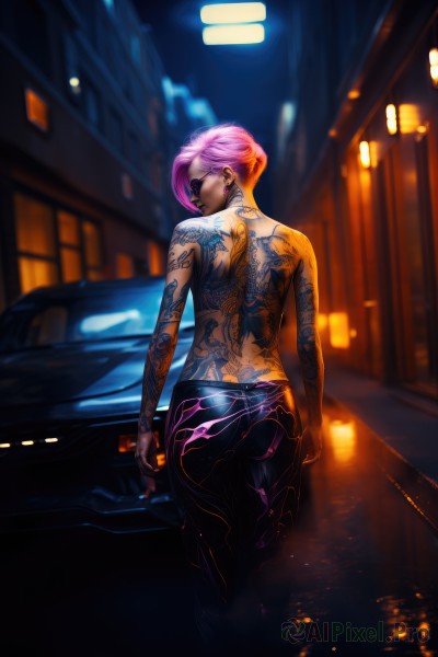 1girl,solo,looking at viewer,short hair,jewelry,standing,pink hair,ass,earrings,outdoors,looking back,pants,from behind,blurry,tattoo,makeup,night,blurry background,back,black pants,topless,ground vehicle,motor vehicle,reflection,city,car,road,arm tattoo,undercut,street,cyberpunk,neck tattoo,back tattoo,neon lights,full-body tattoo,breasts,purple hair,cowboy shot,dark skin,lips,eyelashes,piercing,lipstick,building,ear piercing,eyeshadow,smoke,asymmetrical hair,cigarette,nose,smoking,very short hair,lamppost,holding cigarette,mascara