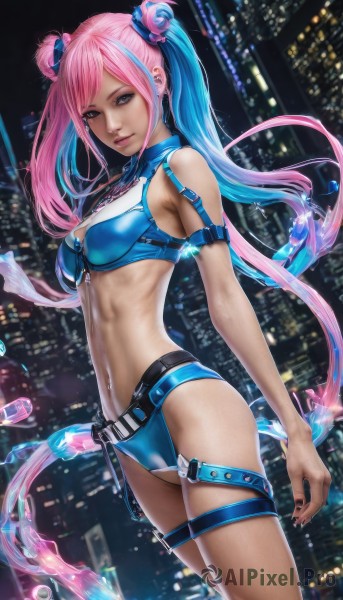 1girl,solo,long hair,breasts,looking at viewer,bangs,blue eyes,navel,twintails,jewelry,medium breasts,very long hair,closed mouth,blue hair,standing,swimsuit,pink hair,bikini,multicolored hair,cowboy shot,earrings,midriff,belt,artist name,hair bun,nail polish,two-tone hair,lips,double bun,makeup,thigh strap,night,piercing,black nails,blue bikini,toned,blue panties,city,realistic,smile,bare shoulders,from side,watermark,building,ear piercing,web address