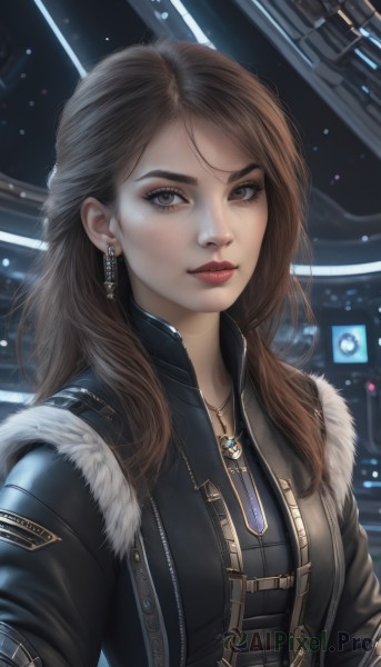 1girl,solo,long hair,breasts,looking at viewer,brown hair,brown eyes,jewelry,jacket,upper body,earrings,open clothes,necklace,open jacket,lips,black jacket,fur trim,makeup,lipstick,zipper,freckles,science fiction,realistic,nose,red lips,leather,leather jacket,bangs,shirt,closed mouth,artist name,signature,eyelashes,pendant