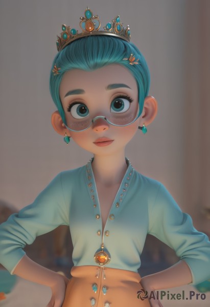 1girl,solo,looking at viewer,blush,short hair,blue eyes,skirt,shirt,hair ornament,long sleeves,jewelry,closed mouth,blue hair,upper body,earrings,glasses,indoors,necklace,blurry,flat chest,aqua eyes,lips,aqua hair,depth of field,blurry background,tiara,crown,blue shirt,gem,child,forehead,freckles,hands on hips,round eyewear,female child,orange skirt,green hair,hairclip,thick eyebrows,yellow-framed eyewear