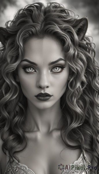 1girl,solo,long hair,breasts,looking at viewer,animal ears,cleavage,jewelry,medium breasts,closed mouth,underwear,collarbone,monochrome,upper body,greyscale,earrings,artist name,cat ears,bra,blurry,lips,eyelashes,makeup,wavy hair,lingerie,lipstick,slit pupils,portrait,curly hair,realistic,straight-on,lion ears,parted lips,signature,watermark,web address,nose